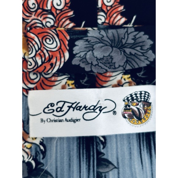 Ed Hardy by Christian Audigier Black Gray Orange Chinese Dragon 100% Silk Tie - Picture 2 of 10